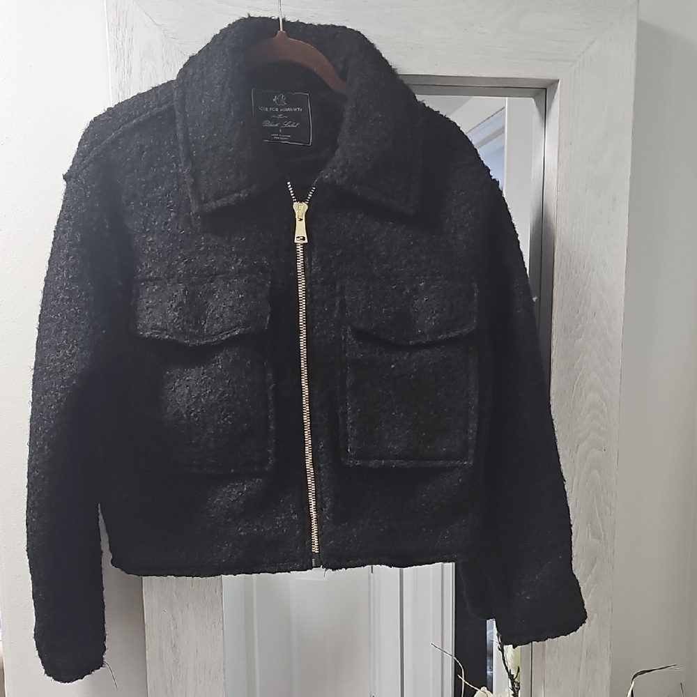 Black Cropped Jacket with Gold Zipper, S